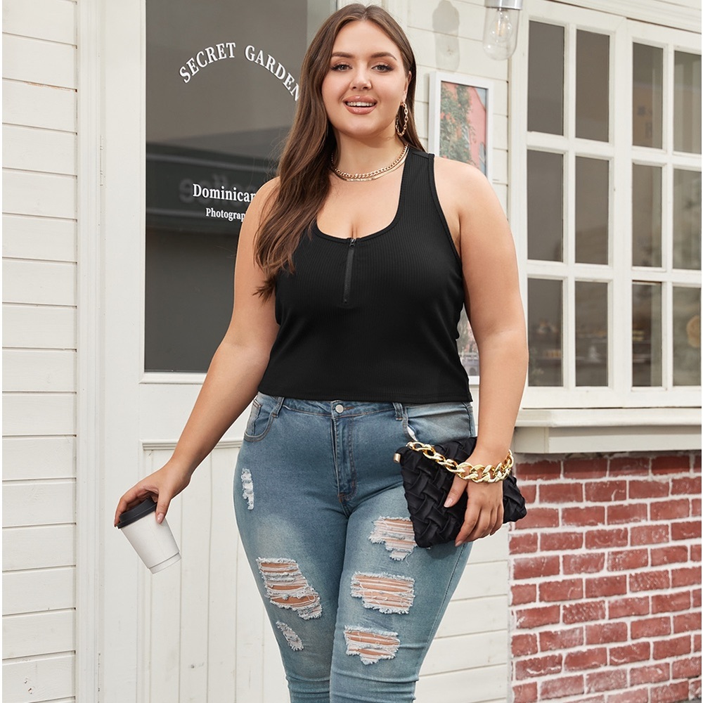 Plus Size Black Zipper Front Racerback Ribbed Tank Top - Picture 2 of 6